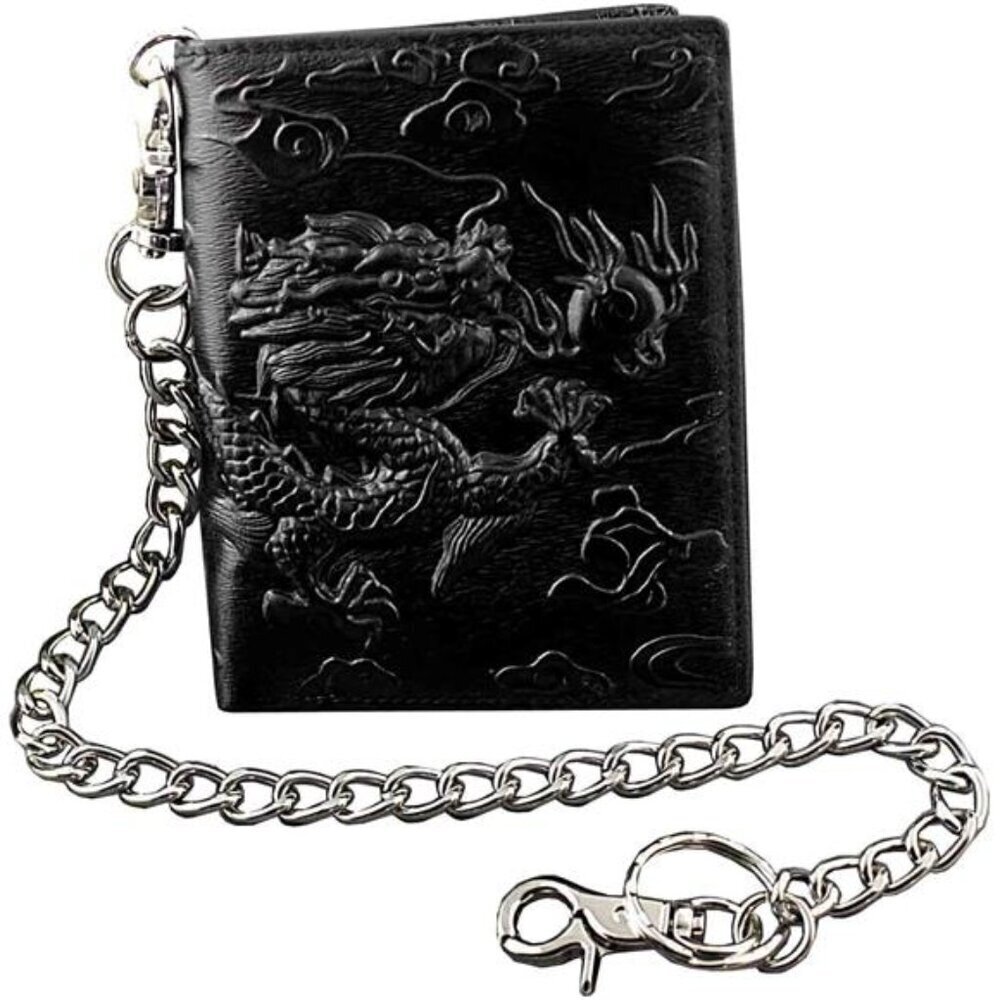 Balck Men Real Leather Vintage Dragon Wallet with Chain Card Holder Purse